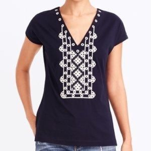J.Crew | V-Neck Crochet Pattern Navy Tshirt White